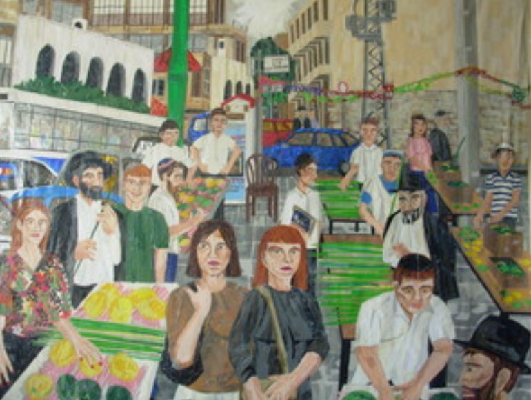 שוק מסקנטייפ וטפטים על בד קנווס לא מתוח 2007, ארבעת המינים, מתוך התערוכה קו '400 - בני ברק ירושלים' שנפתחת היום במקלט לאמנות