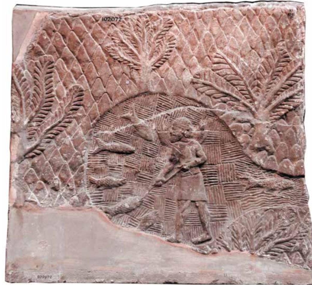 ציד דגים בבבל העתיקה. תבליט מארמון אשורבניפל בנינוה (Trustees of the British Museum)