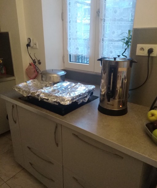 Hannah's Shabbat kitchen with hot plates