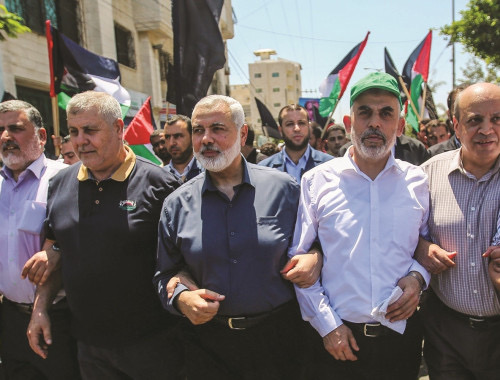מנהיגי חמאס בתהלוכה בעזה (צילום: חסן ג'די, פלאש 90)