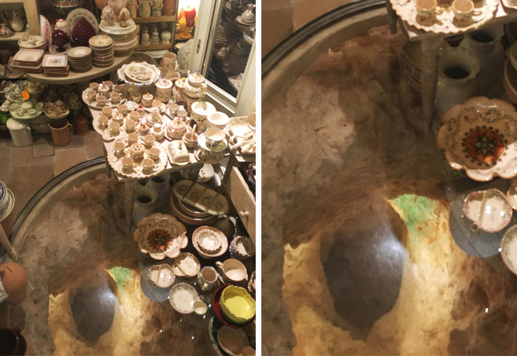 בחנות כלי חרס באיטליה יש מערה תת קרקעית עמוקה שהכניסה חסומה בזכוכית