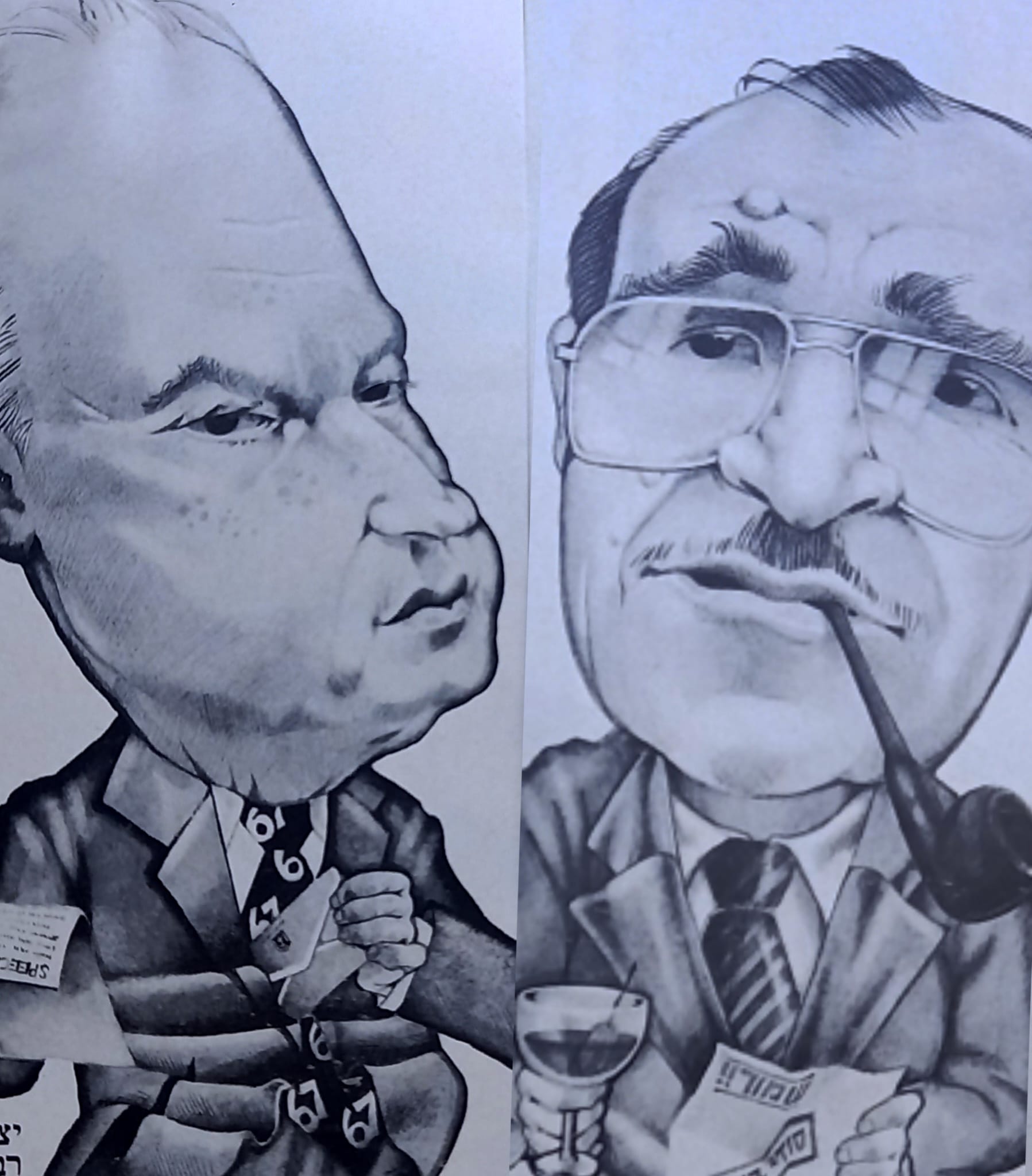 דמויות שצייר עבור מאמר פוליטי בירחון ''מוניטין'' 1979. מימין, שגריר ישראל בארה''ב שמחה דיניץ, משמאל, יצחק רבין