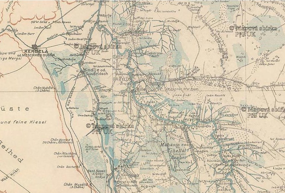 העיר כותא, תל איברהים, ו"נהר הנביא איברהים", במפת האזור בעיראק משנת 1917