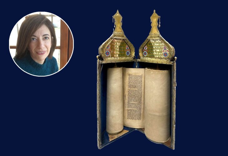 The Torah scroll (Photo: Babylonian Jewish Heritage Center) Inset: Curator Orly Becher-Levi The Torah scroll (Photo: Babylonian Jewish Heritage Center) Inset: Curator Orly Becher-Levi
