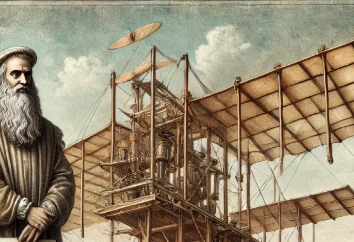 In the picture: Leonardo da Vinci against the backdrop of the flying machine he invented (AI-generated) In the picture: Leonardo da Vinci against the backdrop of the flying machine he invented (AI-generated)