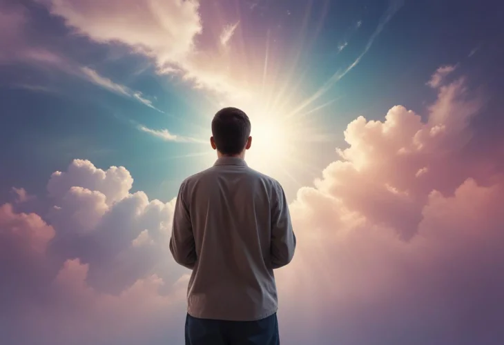 Image of a man standing with his back to the viewer, gazing at the blue sky with white clouds and looking directly towards the sun. Image of a man standing with his back to the viewer, gazing at the blue sky with white clouds and looking directly towards the sun.