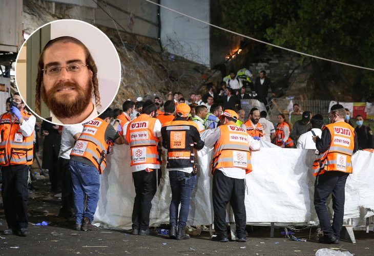 In Circle: Avromy Friedman (The scene of the Meron tragedy. Photo: David Cohen / Flash 90)