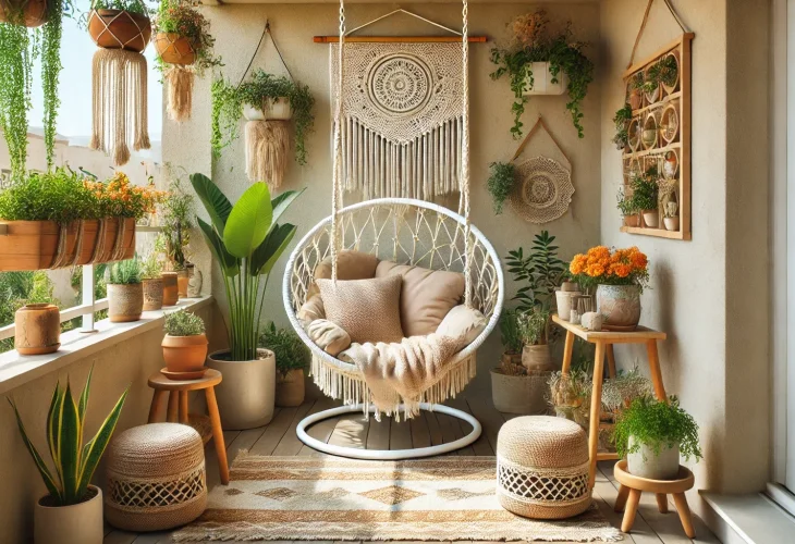 Photo of a sunlit balcony with seating areas, light cushions, and green plants