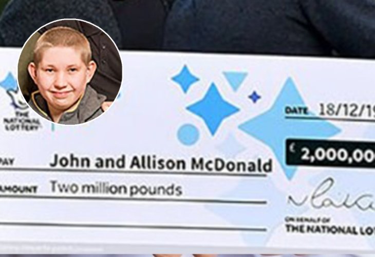 The hefty lottery check received by the couple. Inset: their son Ivan, healed from cancer. The hefty lottery check received by the couple. Inset: their son Ivan, healed from cancer.