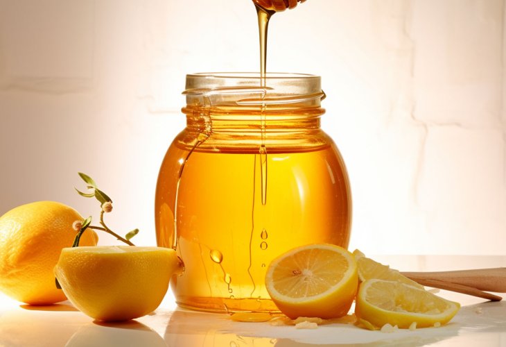 Illustration of a honey jar surrounded by sliced lemons