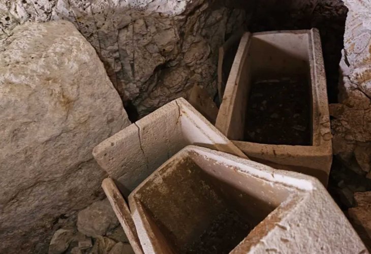 The burial caskets found in the cave at Mashhad (Photo credit: Nir Distelfeld, Israel Antiquities Authority)