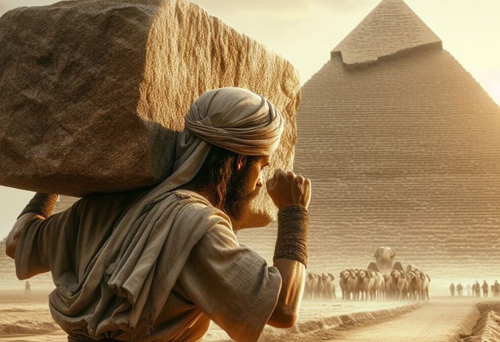 Illustration of a biblical-era man carrying a heavy stone on his shoulder, working on the pyramids Illustration of a biblical-era man carrying a heavy stone on his shoulder, working on the pyramids