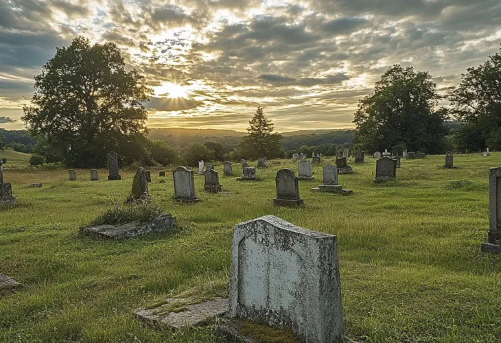 An image of an old cemetery with green grass and large stone graves An image of an old cemetery with green grass and large stone graves