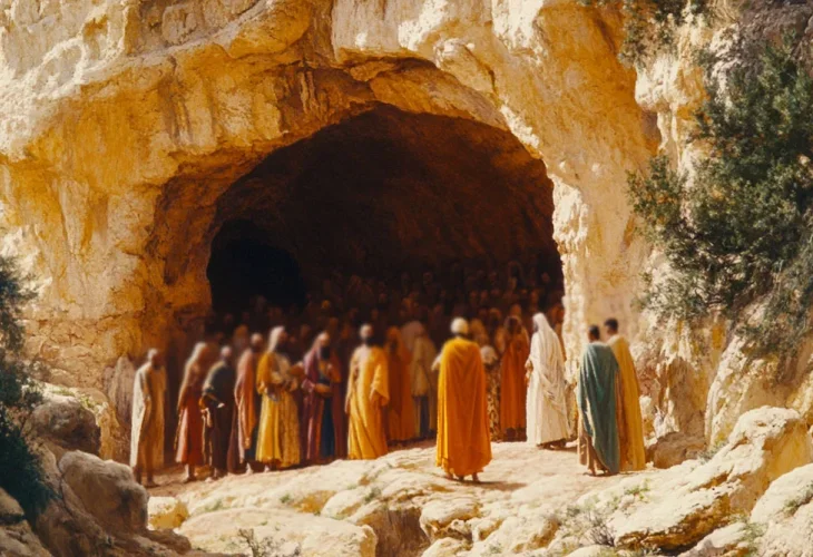 An illustration of Abraham negotiating with the "Sons of Heth" at the entrance to the Cave of Machpelah (symbolically), in broad daylight. An illustration of Abraham negotiating with the "Sons of Heth" at the entrance to the Cave of Machpelah (symbolically), in broad daylight.