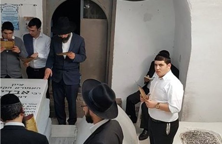 מתפללים בקבר האמורא אבדימי דמן בחיפה (צילום: מתוך פייסבוק)