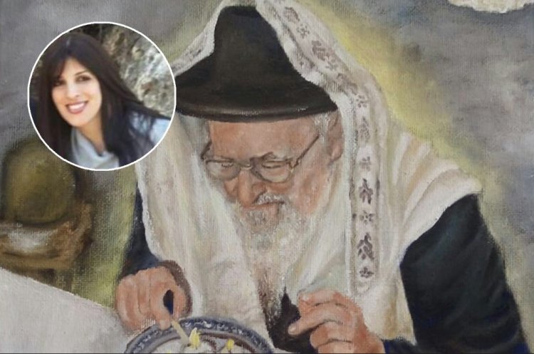 ציור של הרב מרדכי אליהו ובעיגול הציירת הילה בן יצחק