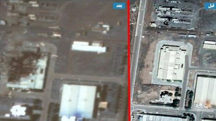תצלום לוויין של האתר בנתנז. משמאל: המבנה שנפגע