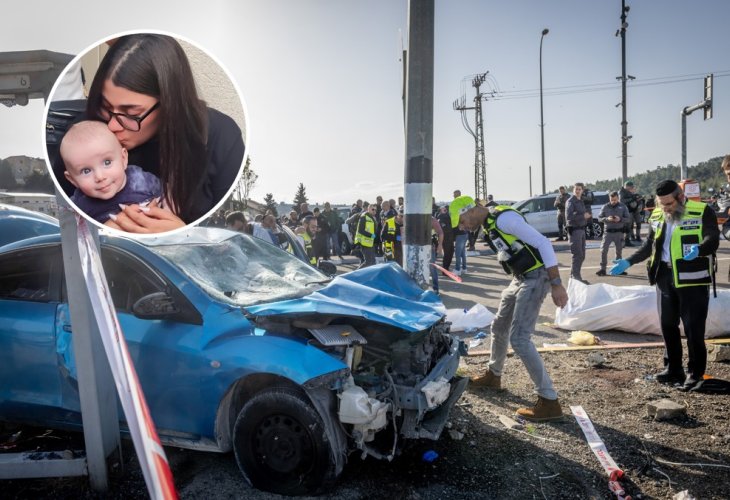 זירת הפיגוע (צילום: יונתן סינדל / פלאש 90. בעיגול: החיילת עמית עם התינוק יונתן רפאל פאלי)