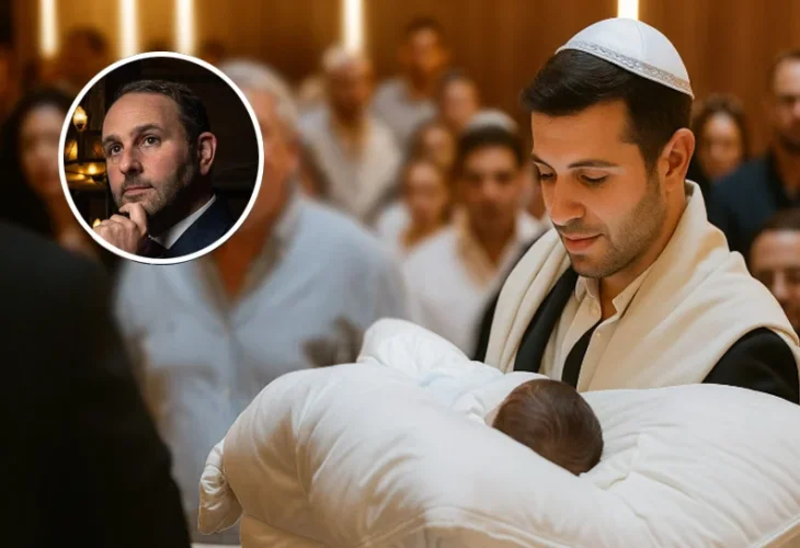 טקס ברית מילה (אילוסטרציה). בעיגול: מיכאל פרויליך. טקס ברית מילה (אילוסטרציה). בעיגול: מיכאל פרויליך.