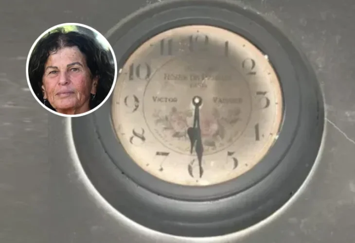 שעון הקיר עצר מלכת (צילום: דוברות קיבוץ בארי) בעיגול: עפרה קידר הי"ד