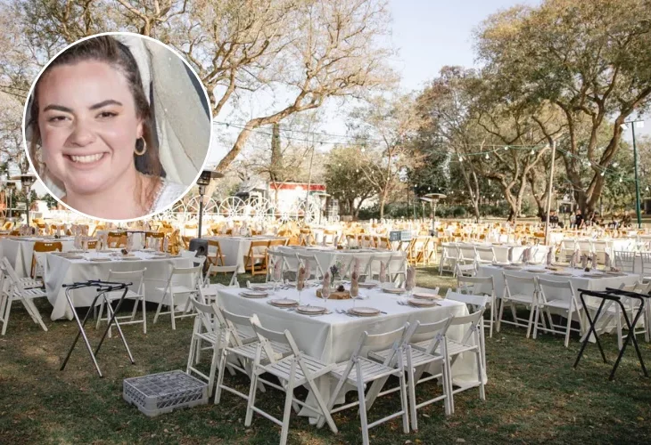 החתונה על הדשא בקיבוץ בארי. בעיגול: הדר בכר בחתונתה (צילומים: אילן מגן)