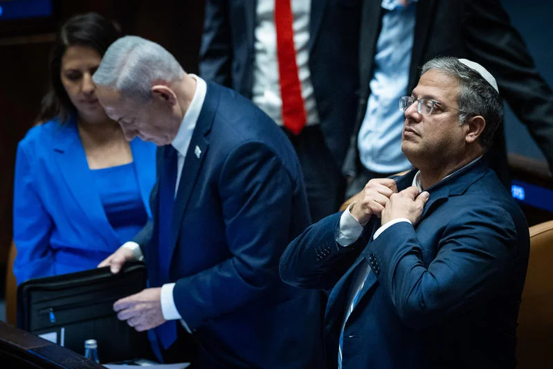 Israeli Prime Minister Benjamin Netanyahu with National Security Minister Itamar Ben Gvir (Yonatan Sindel/Flash90)