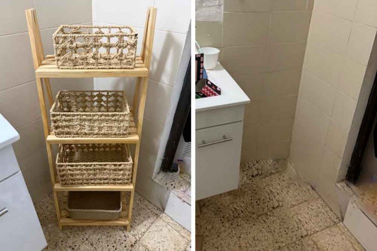 מימין: הפינה הריקה בה הייתה השידה הקודמת. משמאל: שידת העץ החדשה