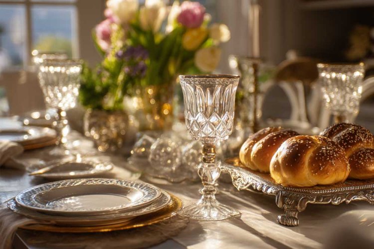 קלאסי - מגש חלות עשוי כסף. זר פרחים עשיר וצבעוני במרכז השולחן.