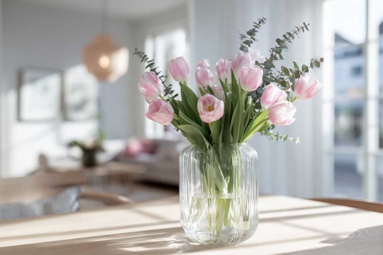 טרנד פרחים - אגרטל עם צבעונים על שולחן האוכל