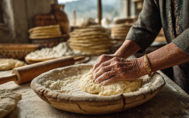 סבתא לשה בצק בקערה ישנה מחרס
