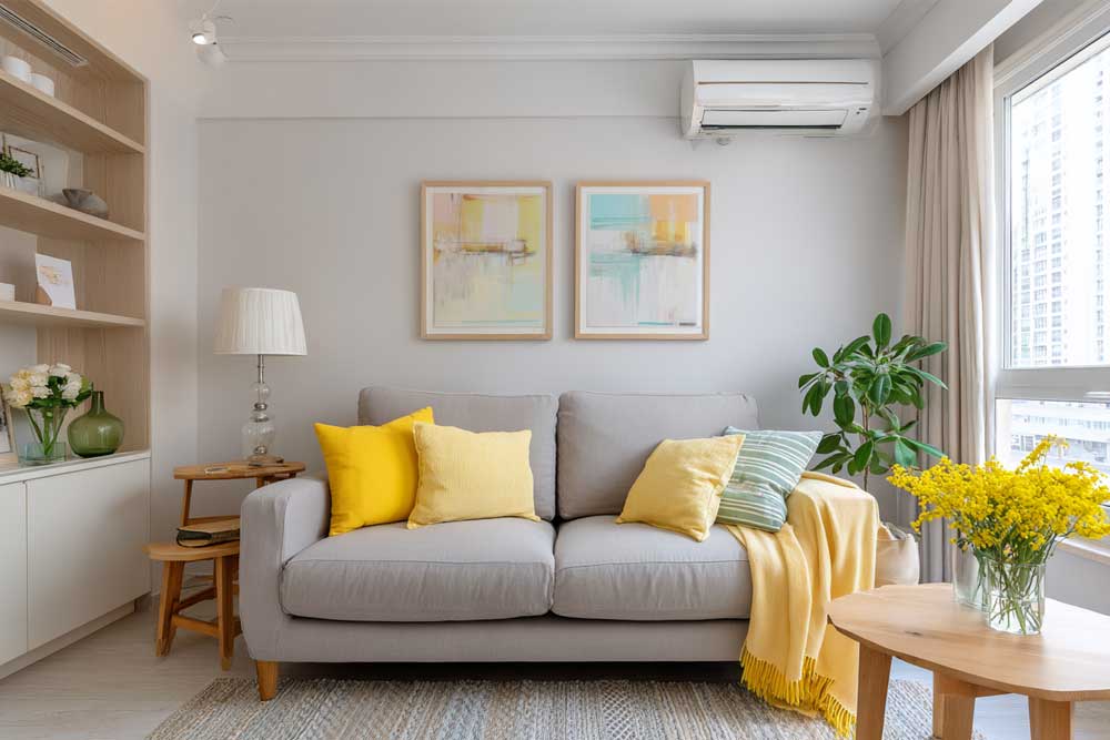 לשלב נגיעות קלות - כריות, שמכת כרבול, פרחים צהובים באגרטל