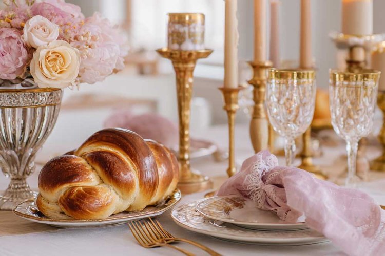 כוסות קריסטל, סכו"ם מוזהב, מפית בד בצבע לילך, זר פרחים בגוונים תואמים