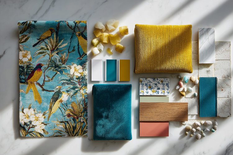 לוח השראה וחומרים בהשראת תמונת הטווס