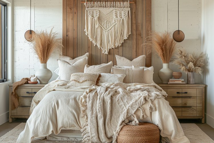 חדר שינה רגוע שעוצב בהשראת לוח החומרים