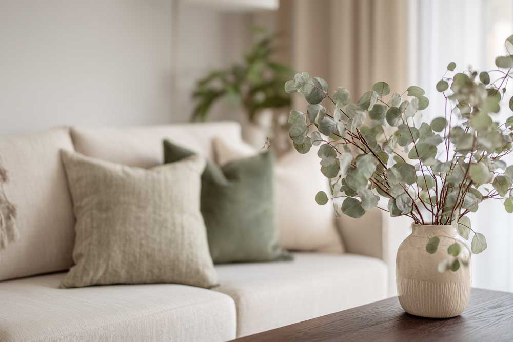 ענפי האקליפטוס משתלבים נהדר עם צבעי כריות הספה