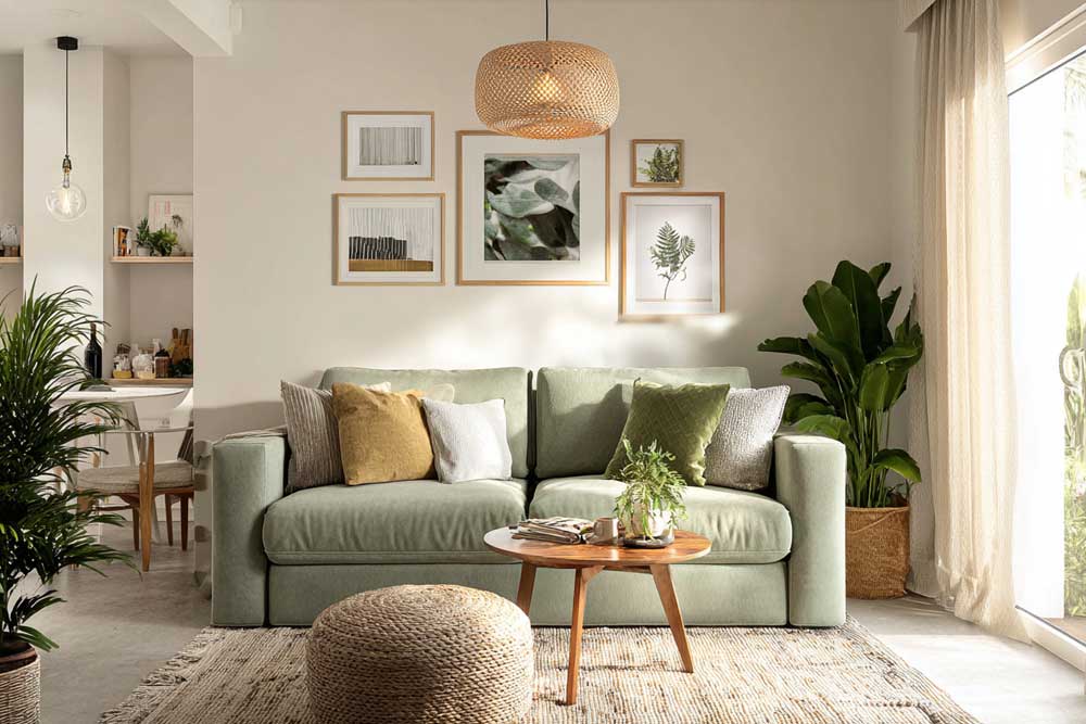 הספה הירוקה נותנת את הבסיס לשאר העיצוב