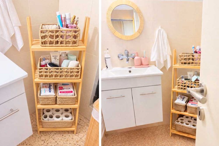 שידת העץ היא הכוכבת של חדר האמבטיה, ברגע שהמוצרים מסודרים ונגישים מול העיניים הכל נראה אחרת