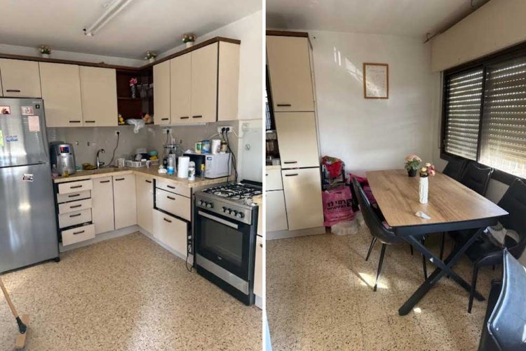 המטבח ופינת האוכל לפני, ליד שולחן האוכל ערימת שקיות שלא מצאה מקום