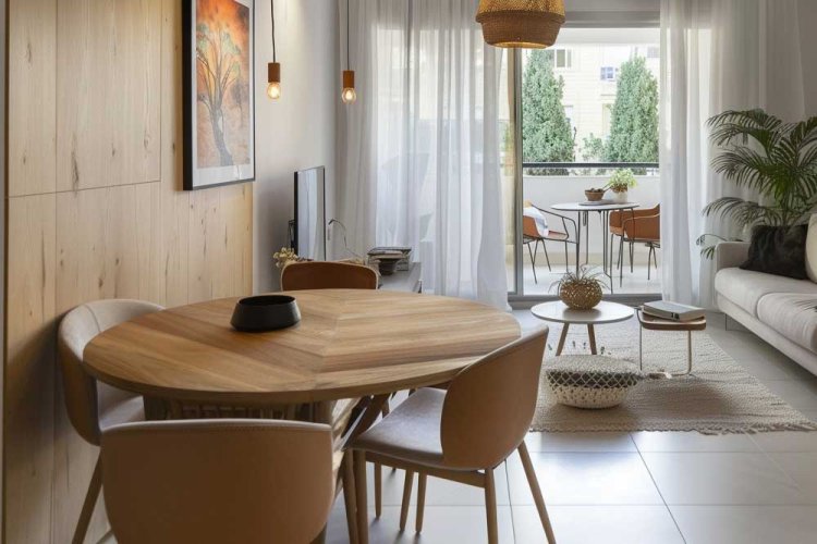 מדף עץ אחד איכותי, שולחן סלון או כיסאות בפינת אוכל יכולים לשנות תחושה של חלל שלם