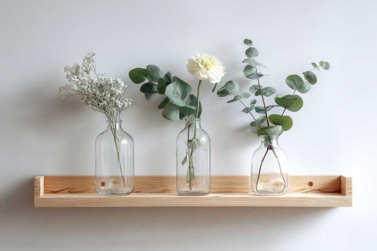 טרנד הצמחים - מדף עץ צבעי, צנצנות שקופות וענפי אקליפטוס