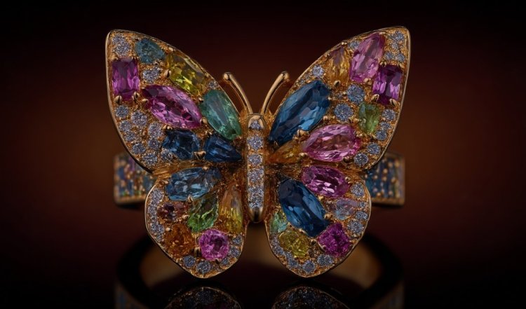 טבעת פרפר משובצת אבנים וקריסטלים