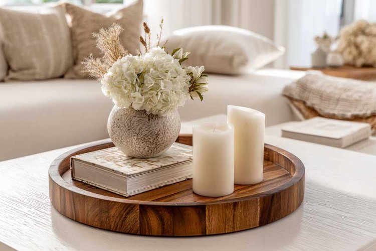 בסיס עיצובי להנחת כמה פריטים קטנים כמו נרות, אגרטל וספרים