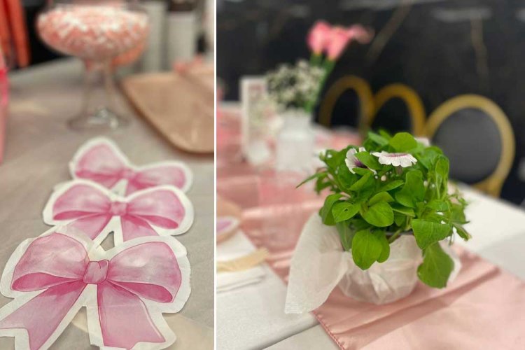 עצית פיטוניה עטוף מפית לבנה - מי שרצתה לקחה הביתה. משמאל - מפיות פפיון וורודות