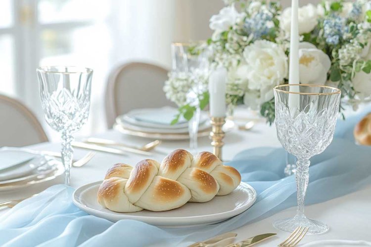 ראנר תכלת במראה משוחרר, פרחים ונרות לבנים - שירה של גאולה 