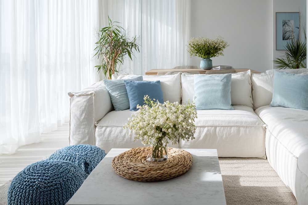 הכריות על הספה מתכתבות עם הפופים הכחולים על הרצפה