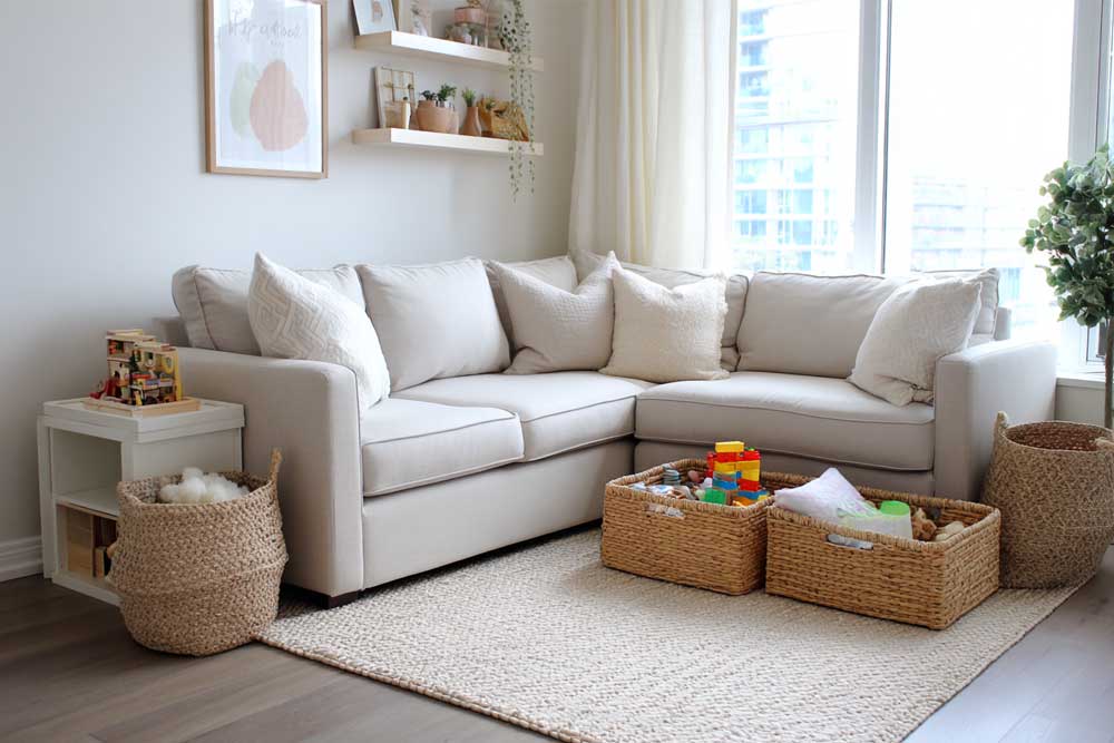 השטיח תוחם אזורים ויוצר חלוקה ברורה בתוך הבית