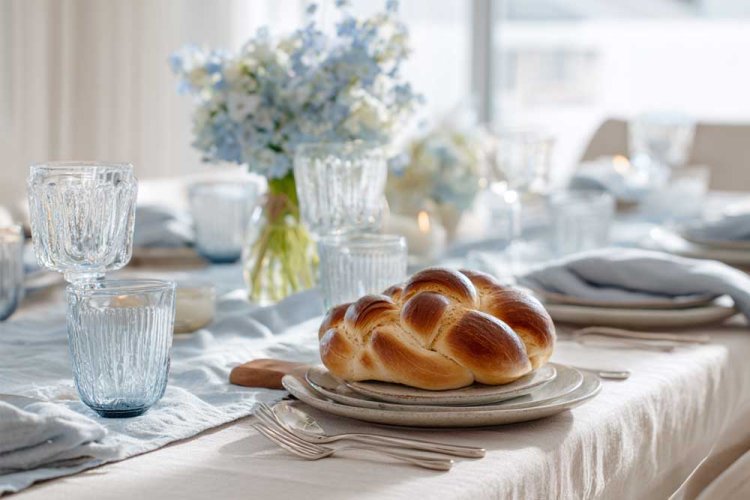 בהשראת הים: ראנר תכלת, כוסות זכוכית בגוון דומה, פרחים ומפיות בד בגווני המים