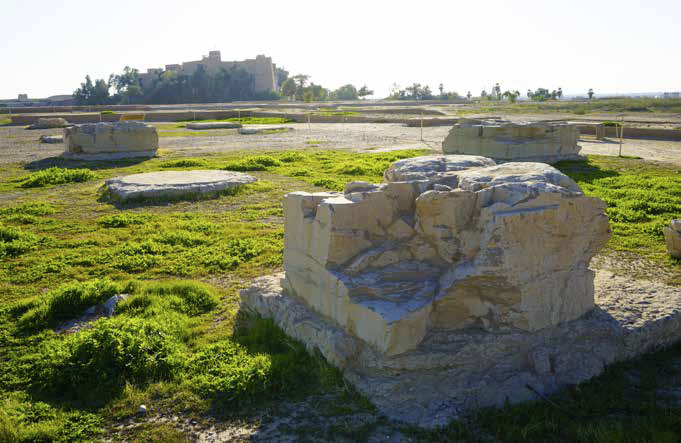 Marble column bases, the size of a bed, in the palace of Ahasuerus in Shushan.