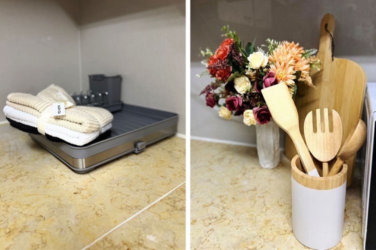 מימין: כלי ששת חדשים, קרש חיתוך ופרחים מלאכותיים שהיו בבית וזכו לחידוש. משמאל: מתקן הייבוש החדש