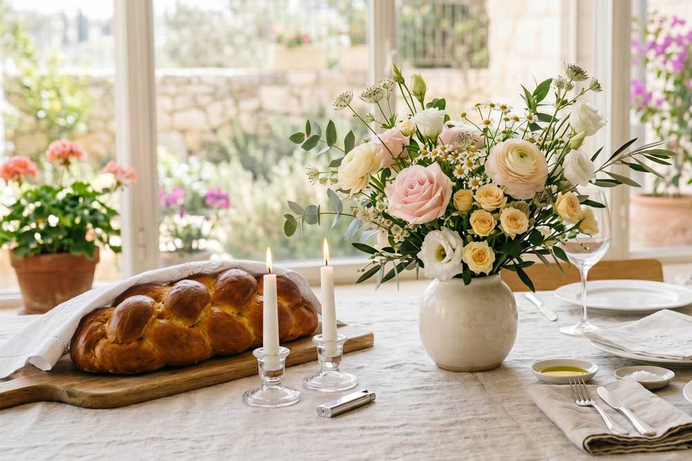 לכבוד שבת קודש - שולחן שבת מהודר עם זר פרחים